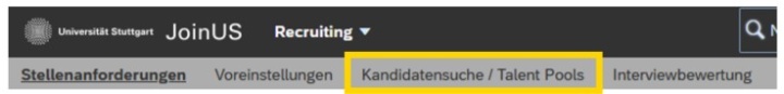 Systemscreenshot mit hervorgehobenem Klickfeld „Kandidatensuche/ Talent Pools“