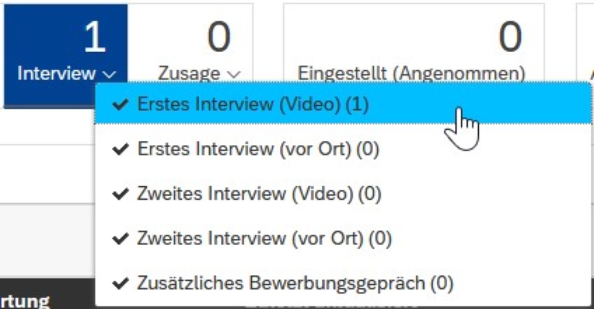 Screenshot aus dem System: Status Interview mit Substatus „Erstes Interview (Video)“, „Erstes Interview (vor Ort)“, „Zweites Interview (Video)“, „Zweites Interview (vor Ort)“ und „Zusätzliches Bewerbungsgespräch“